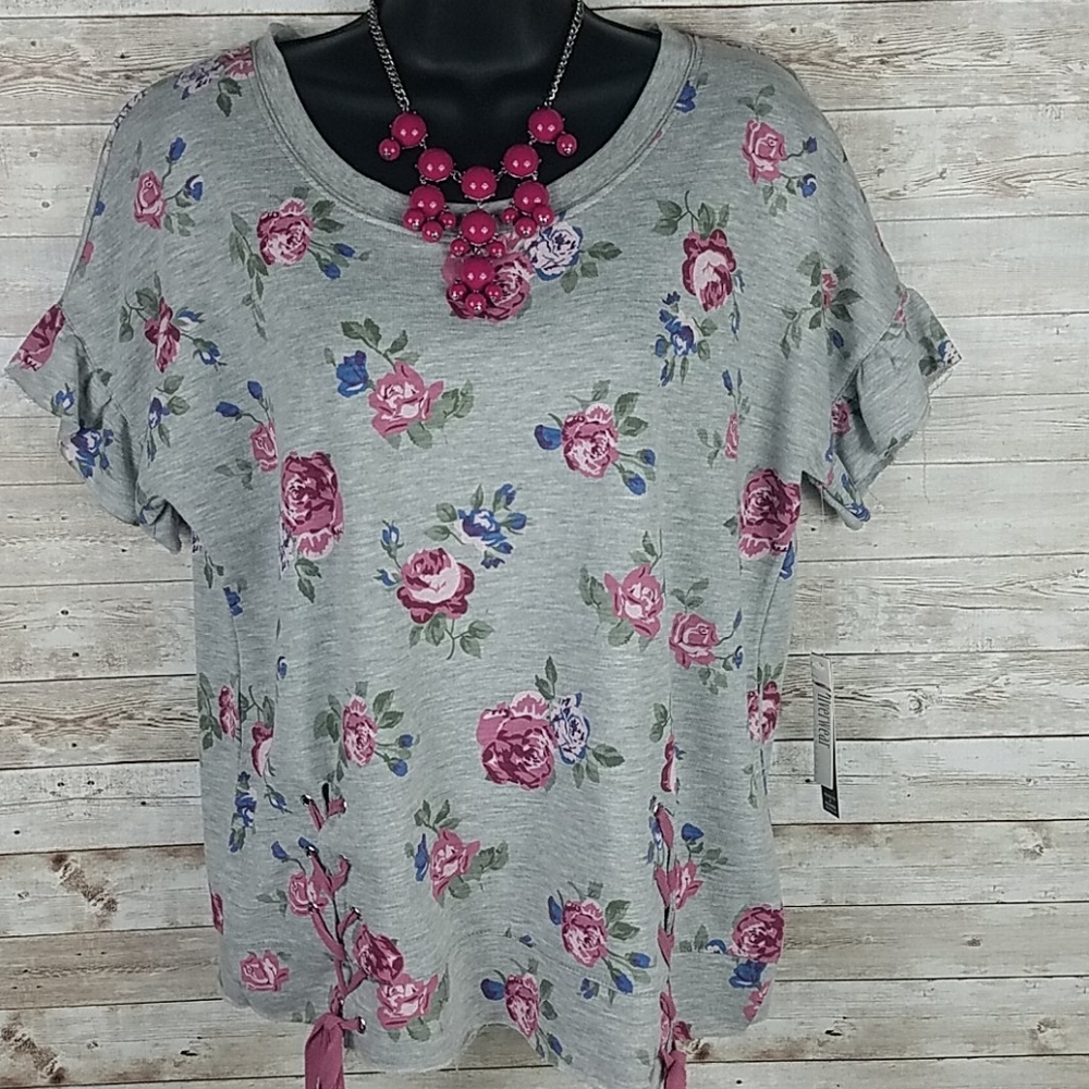 NWT, Silverwear, women's Gray and Pink Floral top, Round-neck, Sz PS